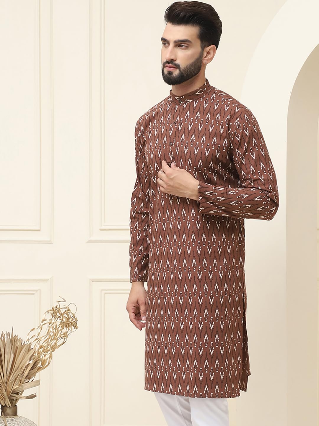 Sojanya (Since 1958 Men's Pure Cotton Brown & Cream Printed Only Long Kurta