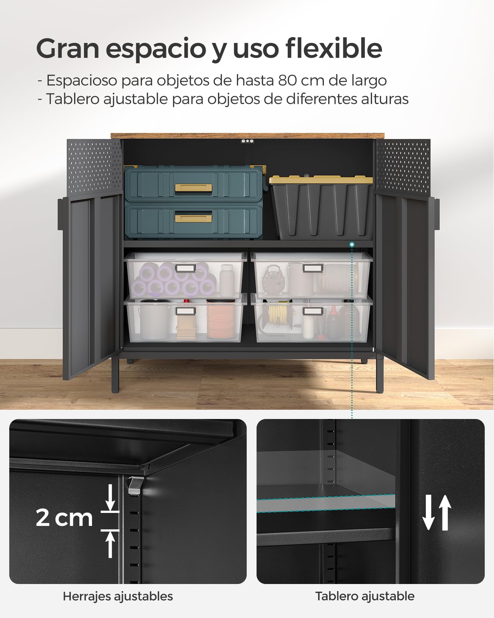 SONGMICS Armario de Almacenamiento, Aparador de Metal, Doble Puerta Magnética, Estante Ajustable, Marco de Acero, 40 x 80 x 76 cm, Marrón Rústico y Negro LSC102B01