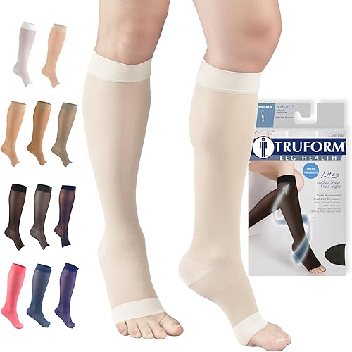 Miniatura 13 de Truform - Calcetines de compresión traslúcidos, 15-20 mmHg, para mujer, hasta la rodilla, puntera abierta, 20 Denier, color nude, talla 2XL