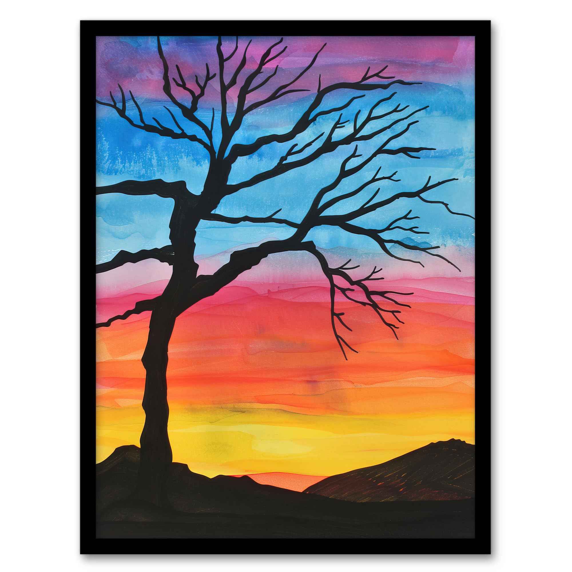 Artery8 Tree Silhouette Against Rainbow Sky Watercolour Living Room Artwork Framed Wall Art Print 18X24 Inch