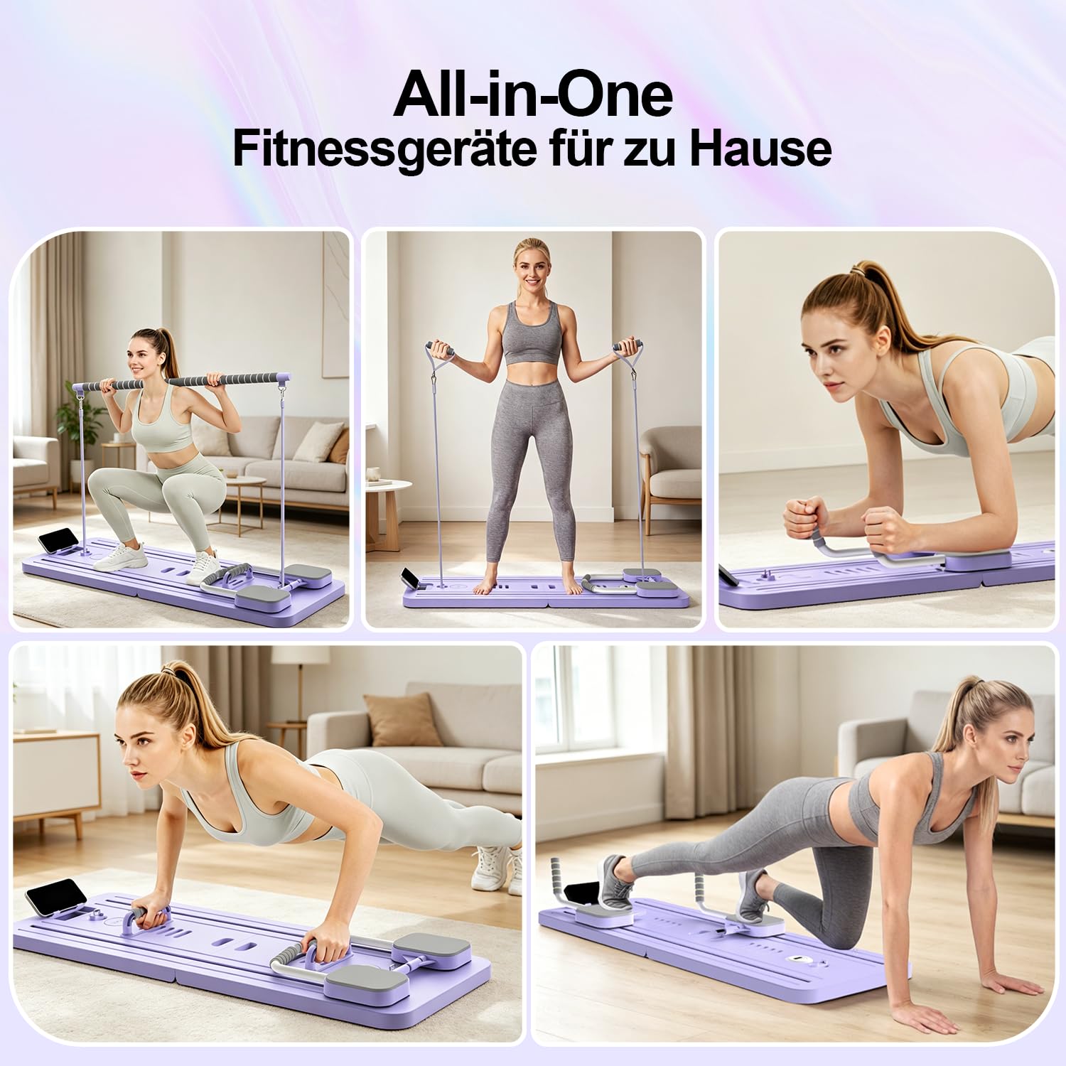Pilates Reformer Board, Multifunzione 8 in 1 Pilates Reformer Pieghevole, Tavola da Pilates per Casa, Allenamento Completo, Rimbalzo Automatico, Barra da Pilates, Corda Elastica, Timer