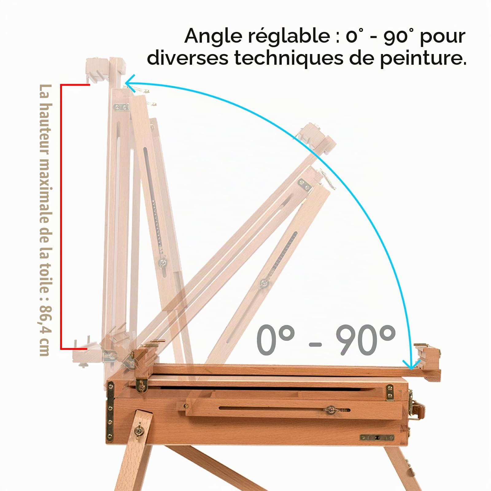 Meeden Chevalet de style français pliable en bois de hêtre avec tiroir et palette pour les professionnels, artistes et amateurs de peinture sur toile jusqu'à 86,4 cm