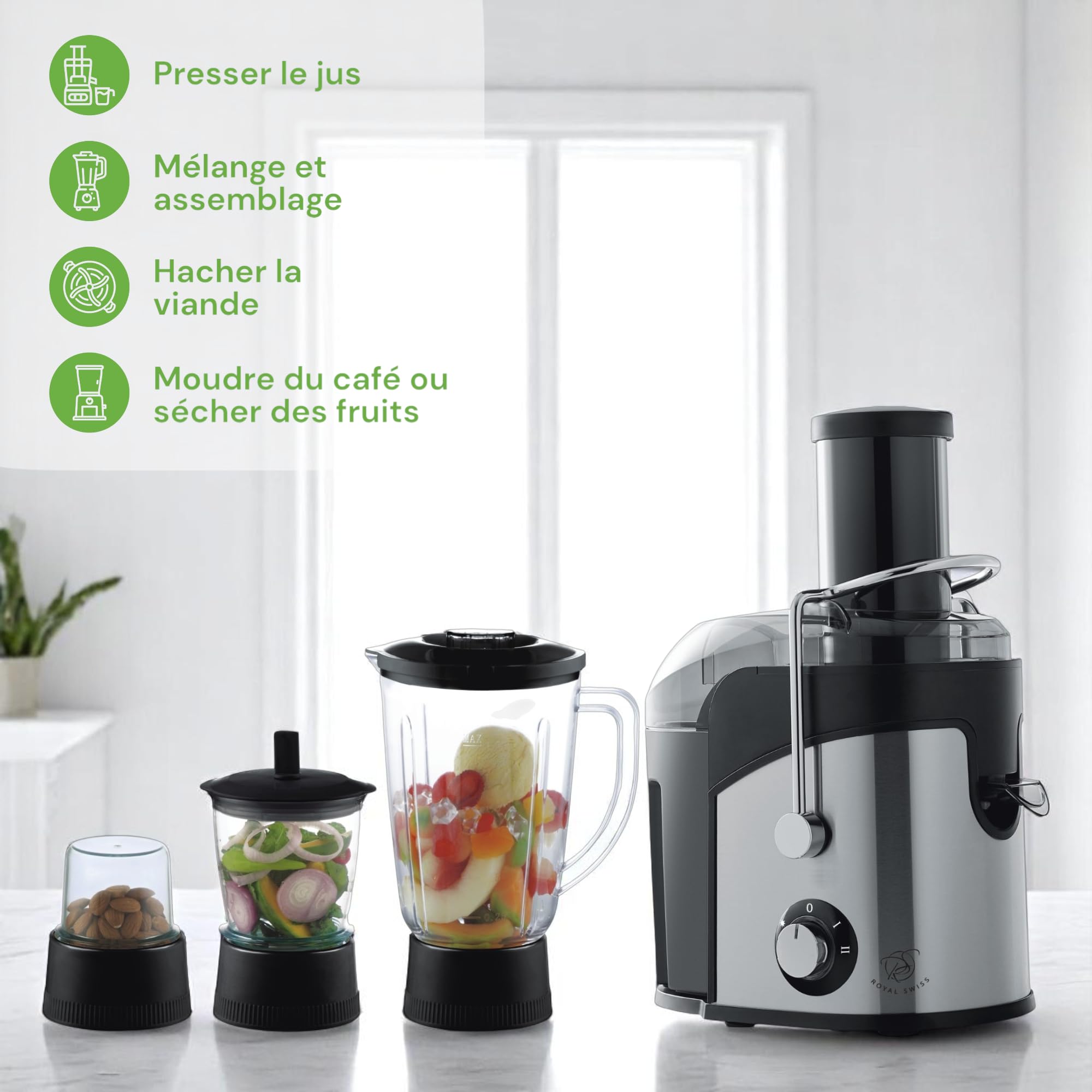 Royal Swiss Spremiagrumi 4 in 1 – Centrifuga 900 W con frullatore, tritacarne e macinacaffè – Contenitore per polpa da 1,6 L – Adatto a frutta e verdura