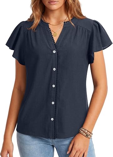 LYANER Women's Button Down V Neck Casual Blouse Dark Blue Small