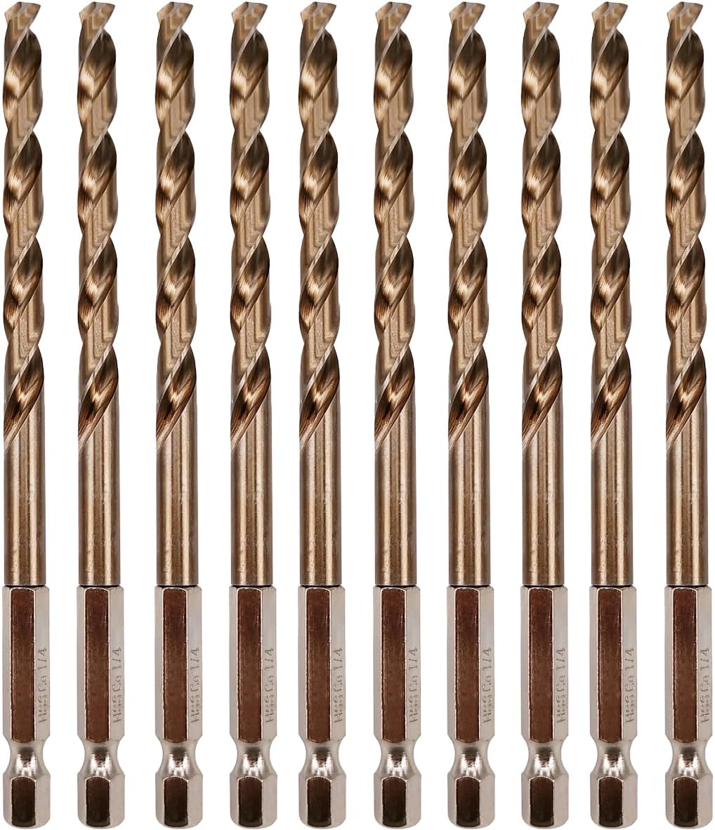 Hymnorq 1/4 Inch Twist Drill Bit Set of 10pcs, Hex Shank for Quick Release, 135 Degree Self-Centering Split Point, M35 Cobalt Steel for Aluminum Alloy Iron Stainless Steel, Packed in Storage Case