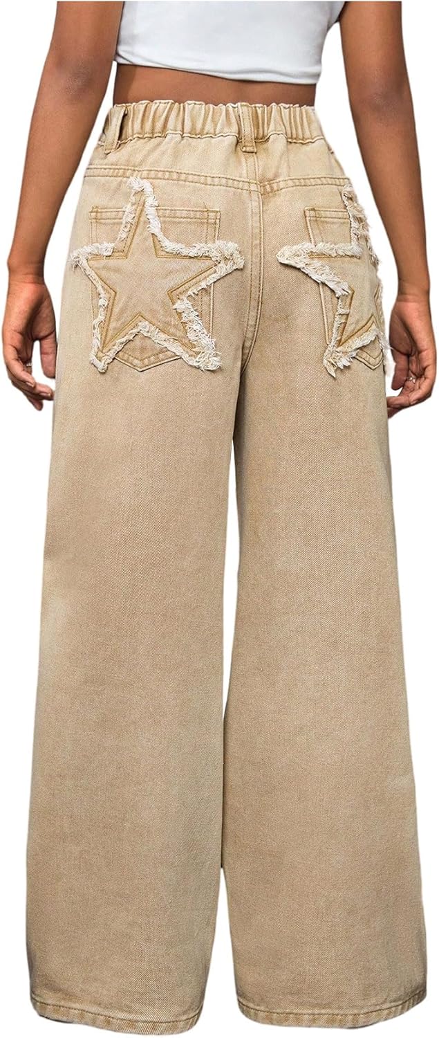 WDIRARA Girl's Star Patched Baggy Jeans Wide Leg Denim Pants Streetwear