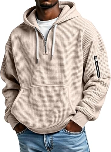 Men's Quarter Zip Waffle Knit Hoodie Long Sleeve Pullover Sw