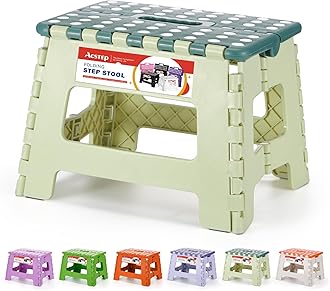 ACSTEP 9 Inch Folding Step Stool 300 LB Capacity Plastic Foldable Step Stools for Kids and Adults, Folding Stool Suitable for Kitchen, Stepping Stool with Handle Bicolor Green Small Step Stool 1PC