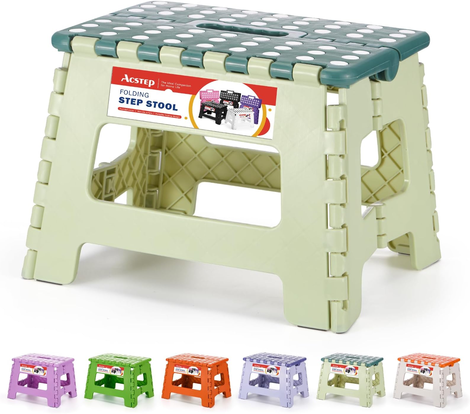 ACSTEP 9 Inch Folding Step Stool 300 LB Capacity Plastic Foldable Step Stools for Kids and Adults, Folding Stool Suitable for Kitchen, Stepping Stool with Handle Bicolor Green Small Step Stool 1PC