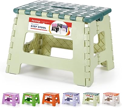 ACSTEP 9 Inch Folding Step Stool 300 LB Capacity Plastic Foldable Step Stools for Kids and Adults, Folding Stool Suitable for Kitchen, Stepping Stool with Handle Bicolor Green Small Step Stool 1PC
