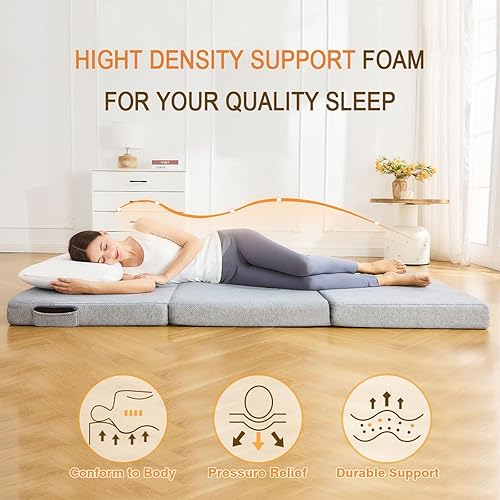 Miniatura 2 de Colchón plegable de 4 pulgadas, colchón plegable de espuma viscoelástica de 4 pulgadas, cama de invitados portátil, extraíble y lavable, con asas y