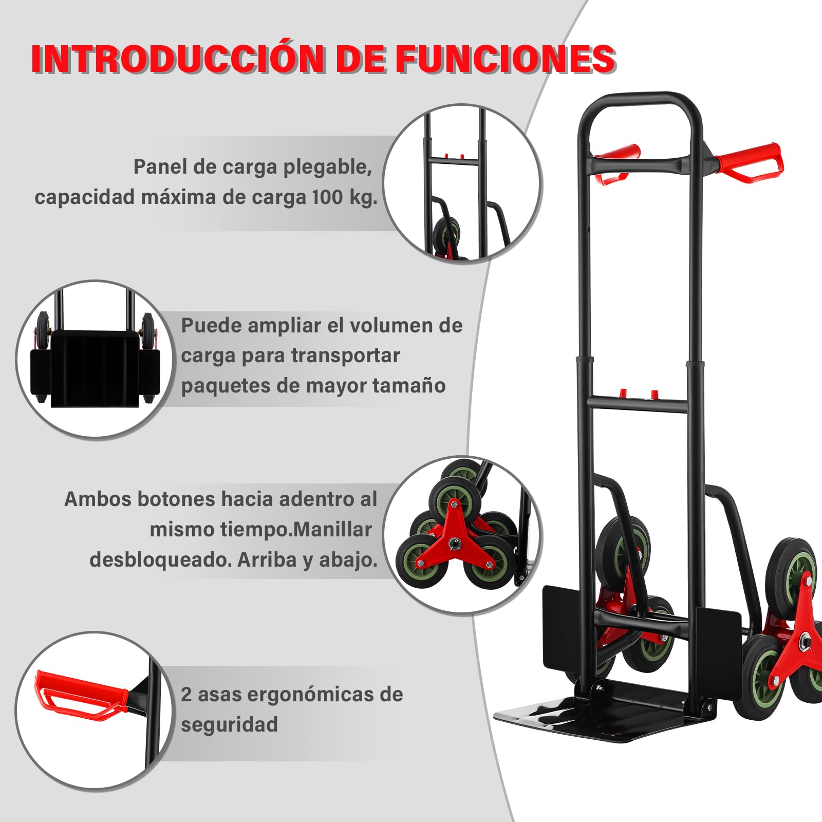 TEENO Carretilla Plegable, Carro para Subir escaleras, Estructura metálica Robusta, Ruedas de Marcha Suave con Tacos Blandos, Altura Regulable de 80 a 112 cm, Capacidad de Carga de hasta 150 kg