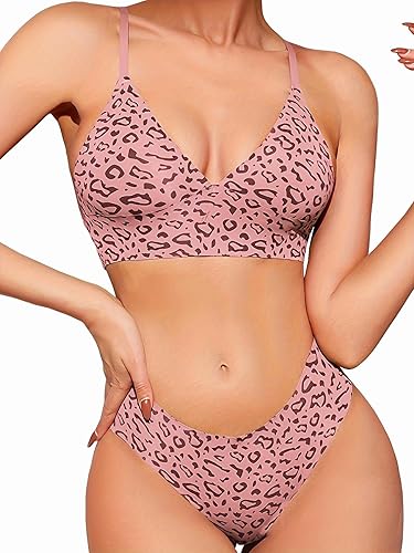 YARNAXA Women Sexy Leopard Print Lingerie Set with Spaghetti Strap, Soft Polyamide Knit Fabric Bra and Panty Set for Women - Large - Pink