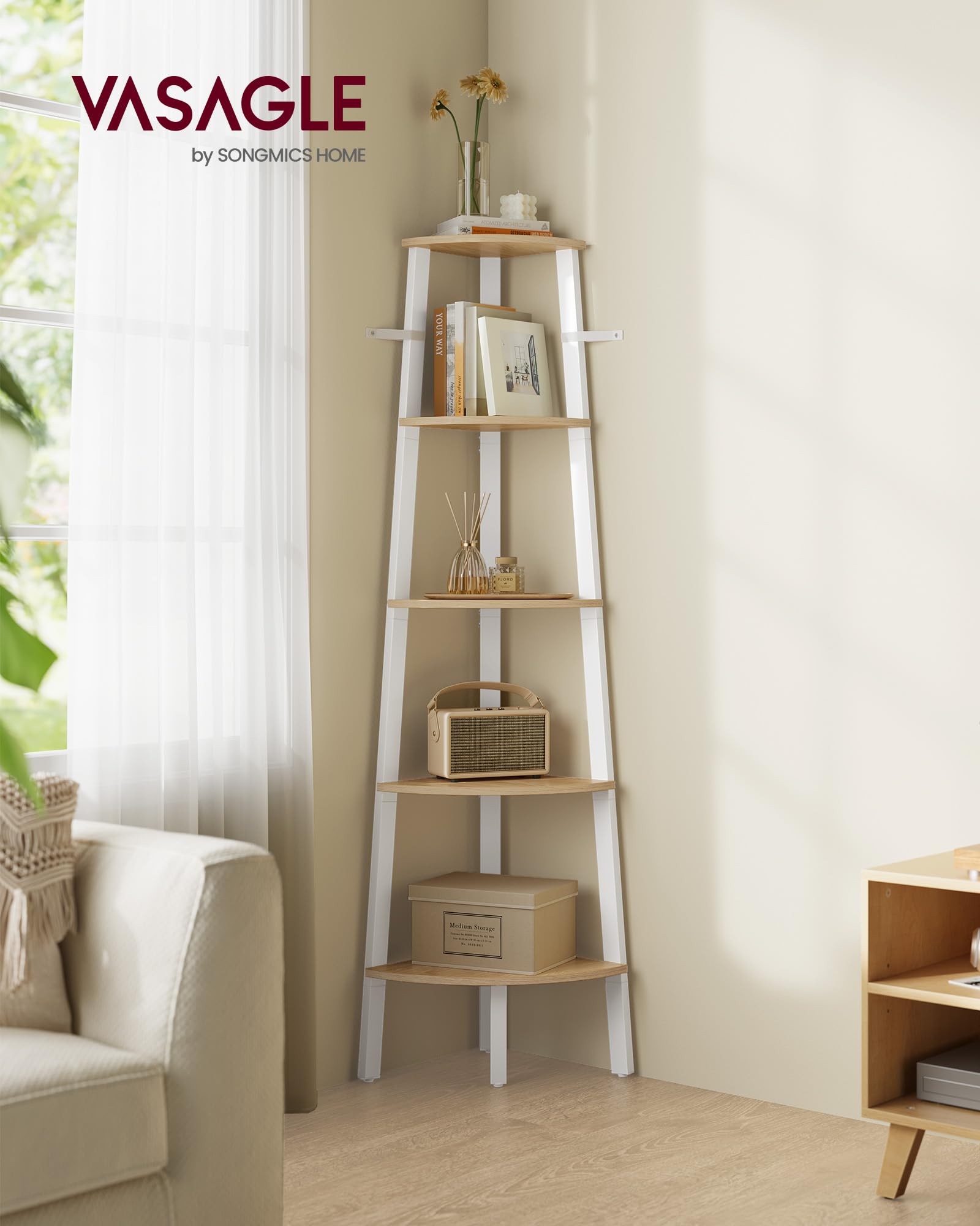 VASAGLE Hoekplank, boekenkast met 5 niveaus, ladderrek, opbergkast, plantenhouder voor woonkamer, industriële stijl, met stalen frame, kleur eiken natuur en mat wit LLS035Y01
