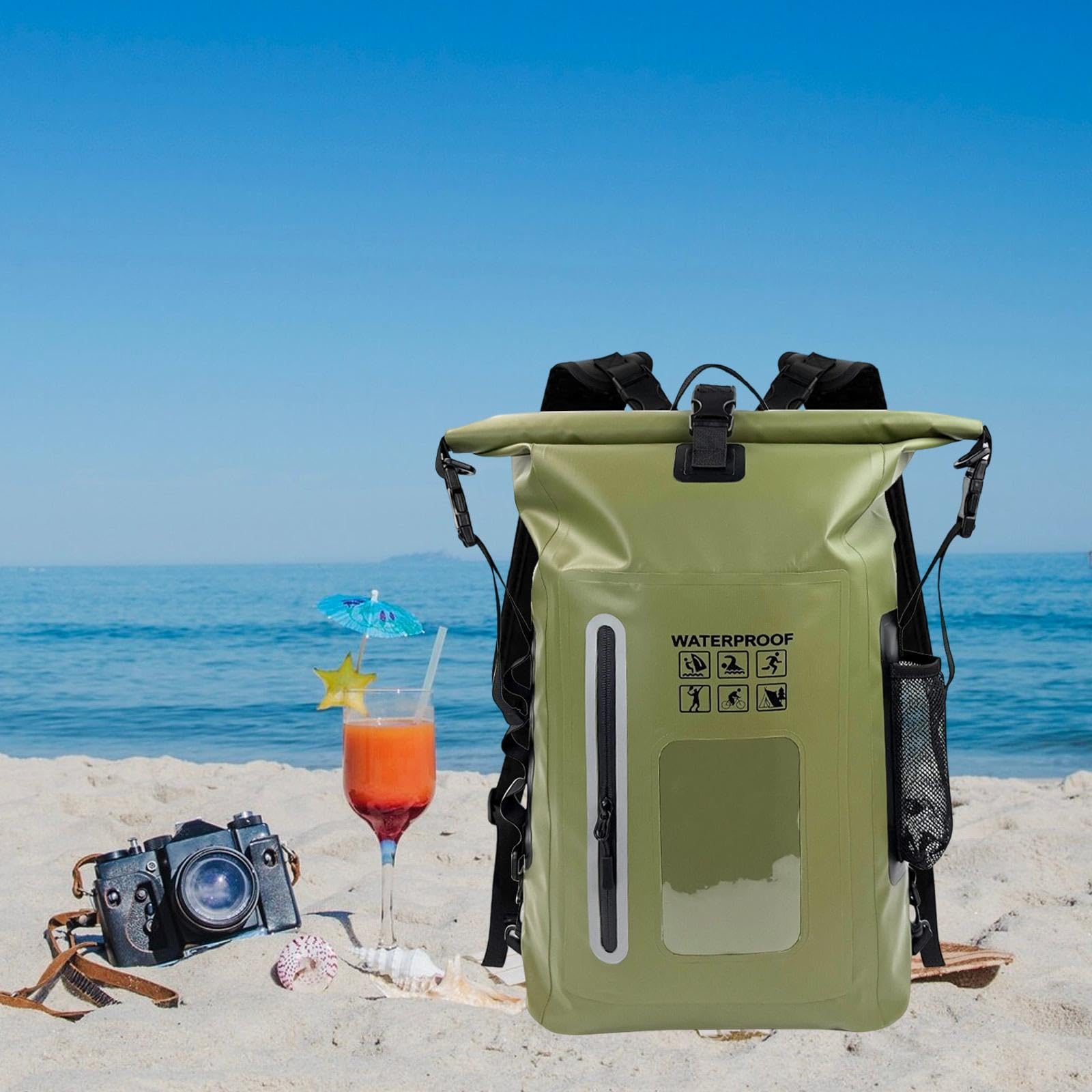 Qianly Wasserdichter Rucksack Outdoor Trockenbeutel Aufbewahrungstasche Schwimmen Segeln Leichtgewichtiger Packsack aus PVC für Camping Bootfahren, GrÜn