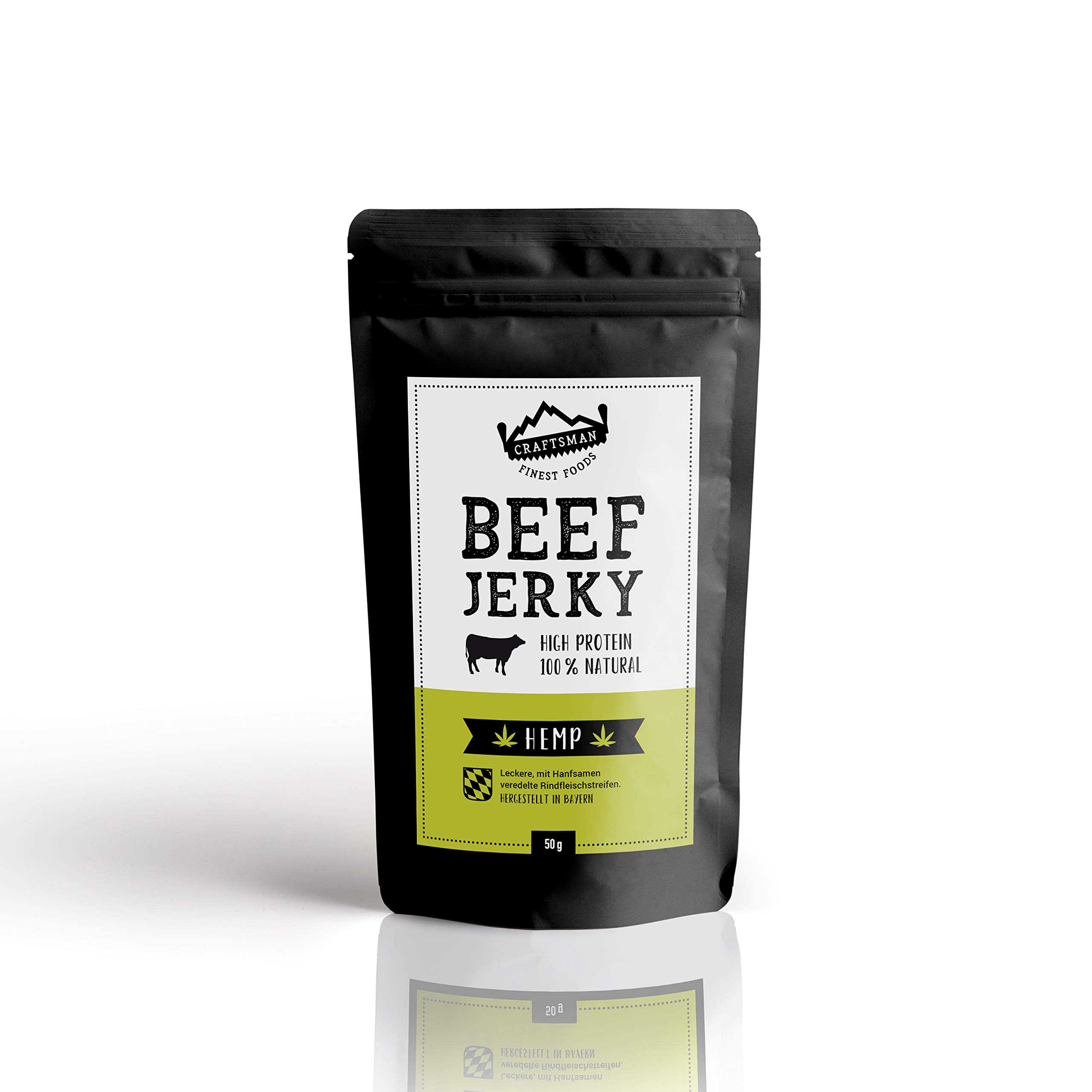 Craftsman Beef Jerky Hemp | 10 x 50 g = 500g | 100% Natürlich | Ohne Zucker | Trockenfleisch aus Deutschland - Bayern | Weiderind | 68% High Protein | mit Hanfsamen