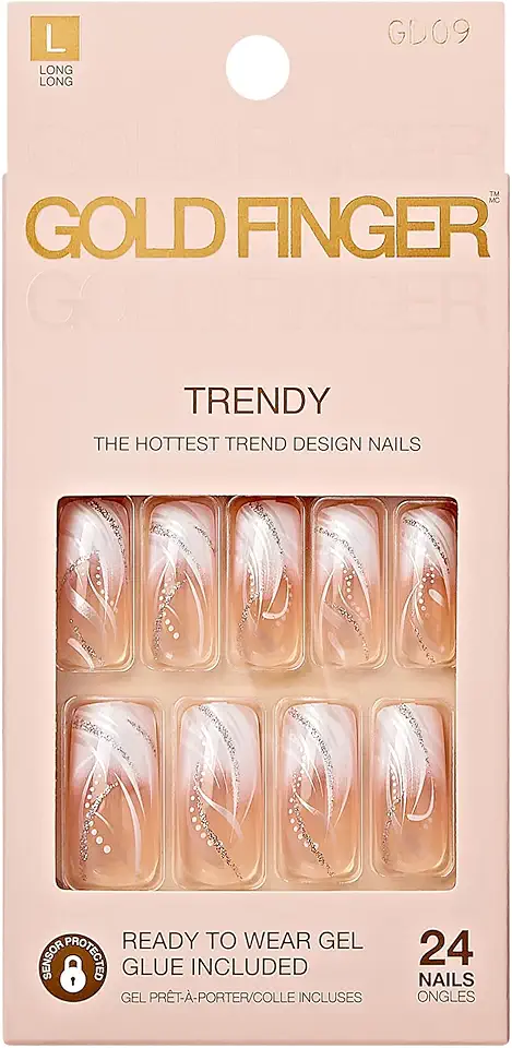 Gold Finger Full Cover White French Design Press on Nails Ready to Wear Gel Manicure Long Nails, Salon Result, Long lasting Durable, MIni Glue Included