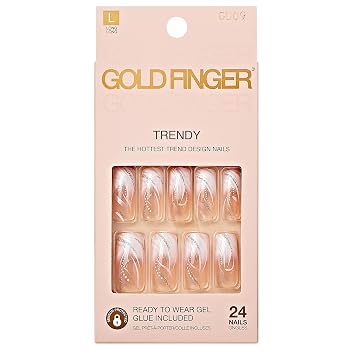 Goldfinger Full Cover White French Design Press on Nails Ready to Wear Gel Manicure Long Nails, Salon Result, Long Lasting Durable, Mini Glue Included