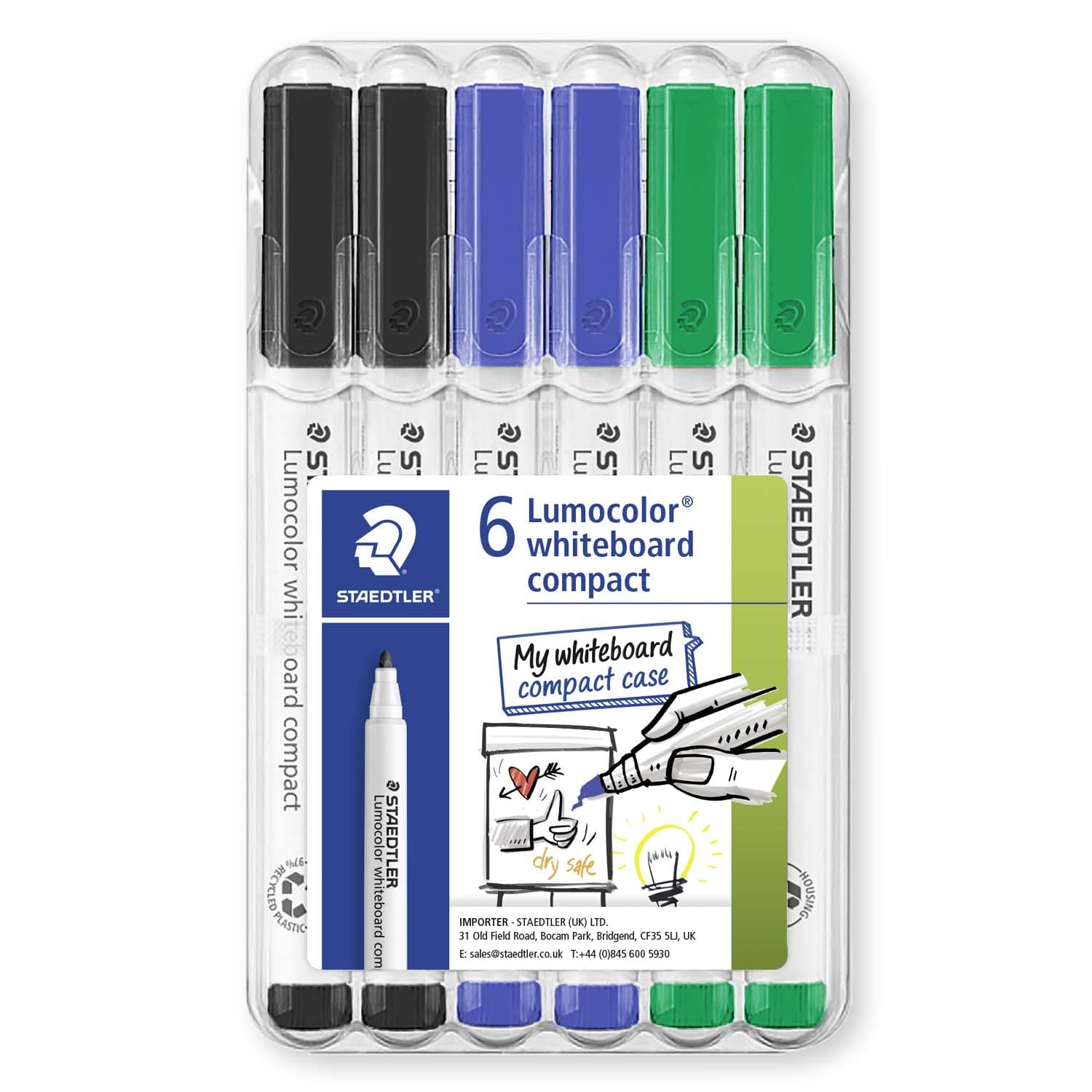 STAEDTLER 341 Compact Lumocolor Whiteboard Marker Pen - 1-2mm Bullet Tip - Dry Erase Markers - Wallet Pack of 6 Pens (Black, Blue, Green)