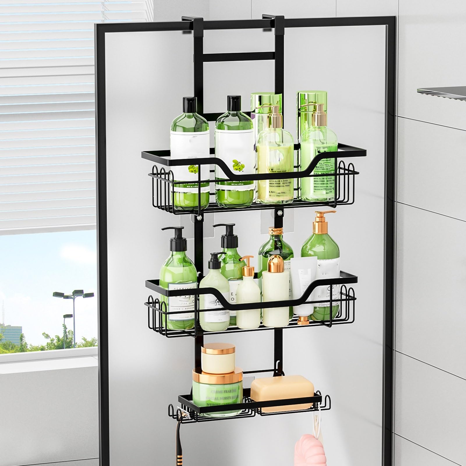 Organizzatore da Porta, 3 Ripiani con cestini sospesi | Organizer da Appendere alla Porta con Tasche e Ganci, per Camera da Letto e Bagno