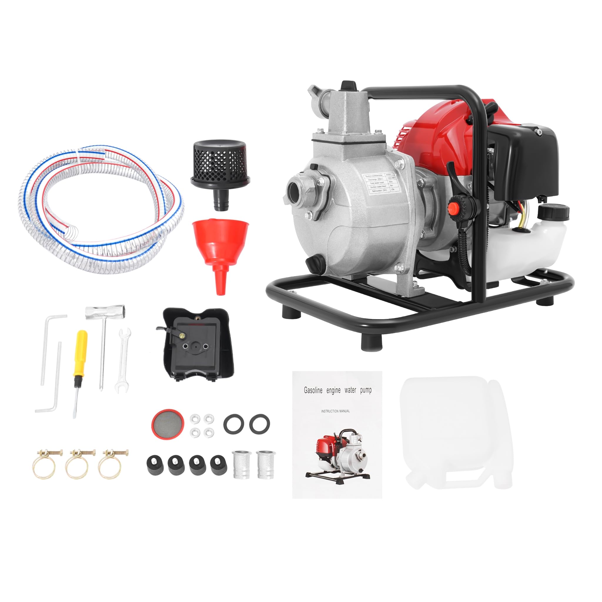 Motopompe Thermique 2 Temps, Pompe à Eau Thermique, Pompe à Eau à Essence Pour Piscine Et Bassin, Auto-AmorçAge, Hauteur De Refoulement 30m, Avec 2m Tuyau d'aspiration