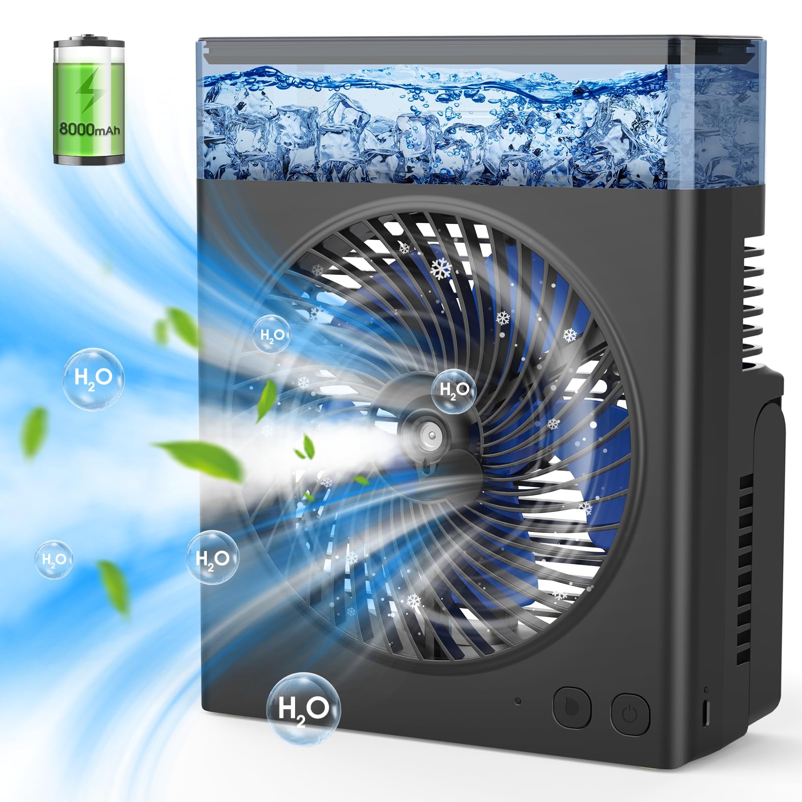 Ventilateur Brumisation, 8000mAh Ventilateur Brumisation Portable Rechargeable avec Réservoir d'eau de 600mL,Ventilateur USB Alimenté par Batterie,pour le Camping,Maison et le Bureau