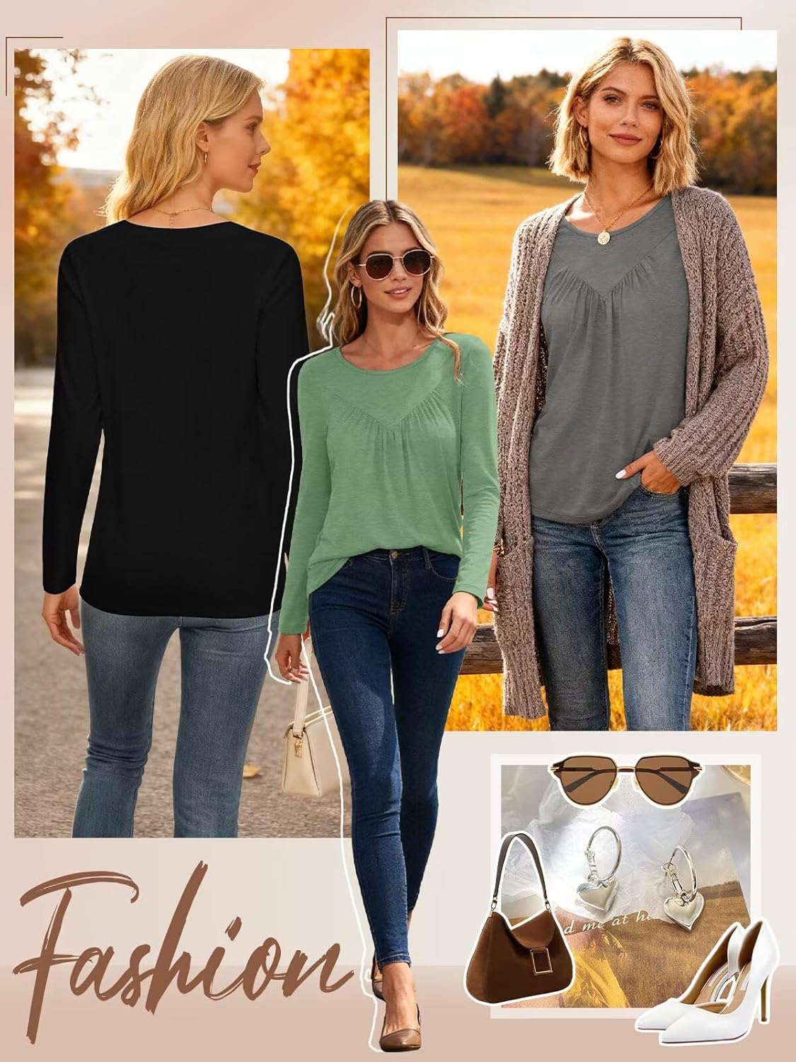 Bliwov Womens Long Sleeve T Shirts Fall Fashion Outfits Casual Blouses Loose Fit Tops Crew Neck Ruched Tunic Trendy Clothes - Image 4