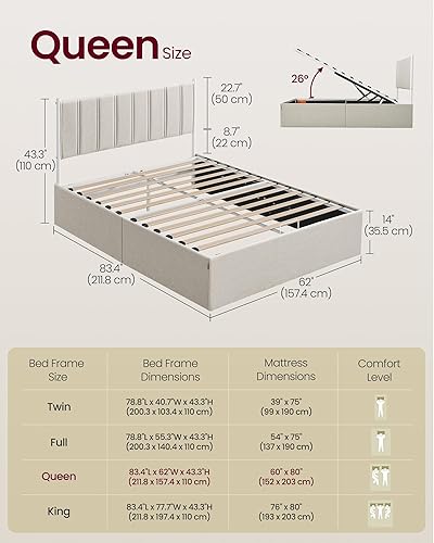 Miniatura 31 de VASAGLE Base de cama de almacenamiento elevable, tamaño individual, cama de plataforma hidráulica, con cabecera tapizada, capacidad de peso de 550