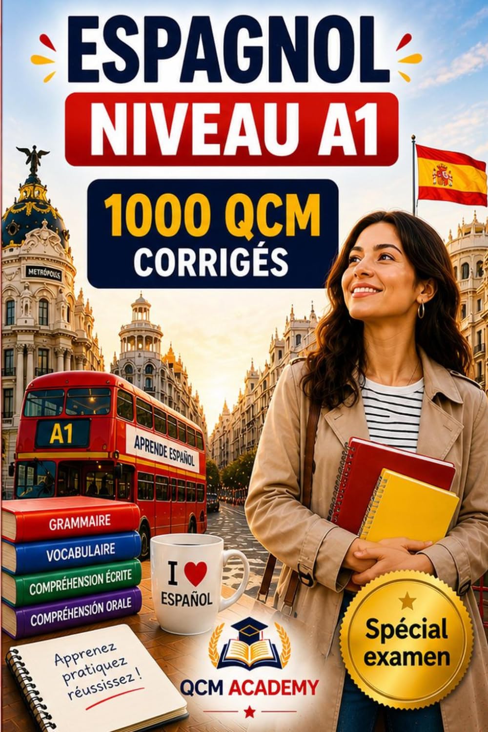 Espagnol Niveau A1: 1 000 QCM corrigés | Cahier d'entraînement pour apprendre l'espagnol en autonomie | Vocabulaire, grammaire, conjugaison, orthographe | CECRL