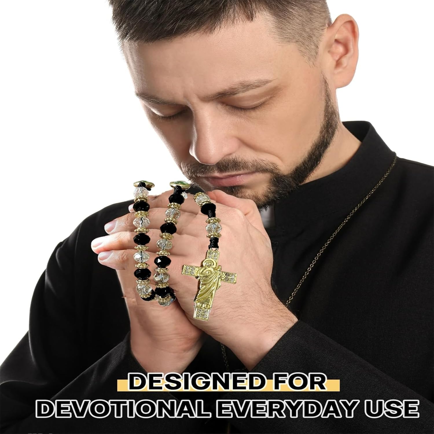 Exquisite Rosary Saint Jude Cross Pendant Mexican Necklace - Braided Cord Green Crystal beads Chain, Charm Accessories for Men and Women, Catholic St Jude Elegant Religious Jewelry Gift Idea - Image 6