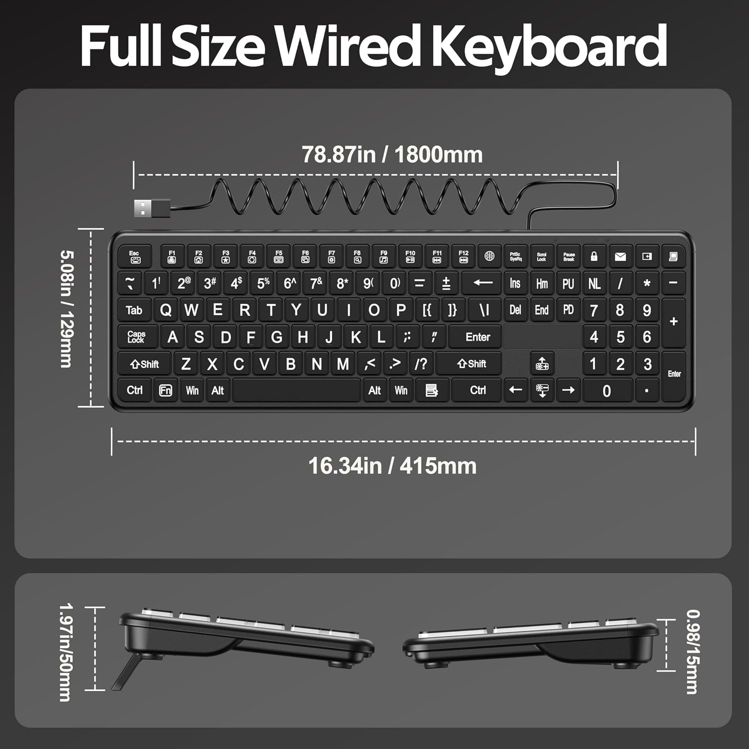 Hamile Large Print Light Up Keyboard, USB Silent Wired Keyboard | 7-Color Backlit, Foldable Stands, Quiet Corded Full Size for Computer PC, Laptop, Desktop, Windows