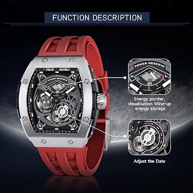 TSAR BOMBA Watches for Men Automatic Mechanical Men's Analog Watch Skeleton Wrist Watch Tonneau Watches Replica Gift Big Face Dial Cool Watch with Luminous Sapphire Crystal Case FKM Rubber Strap