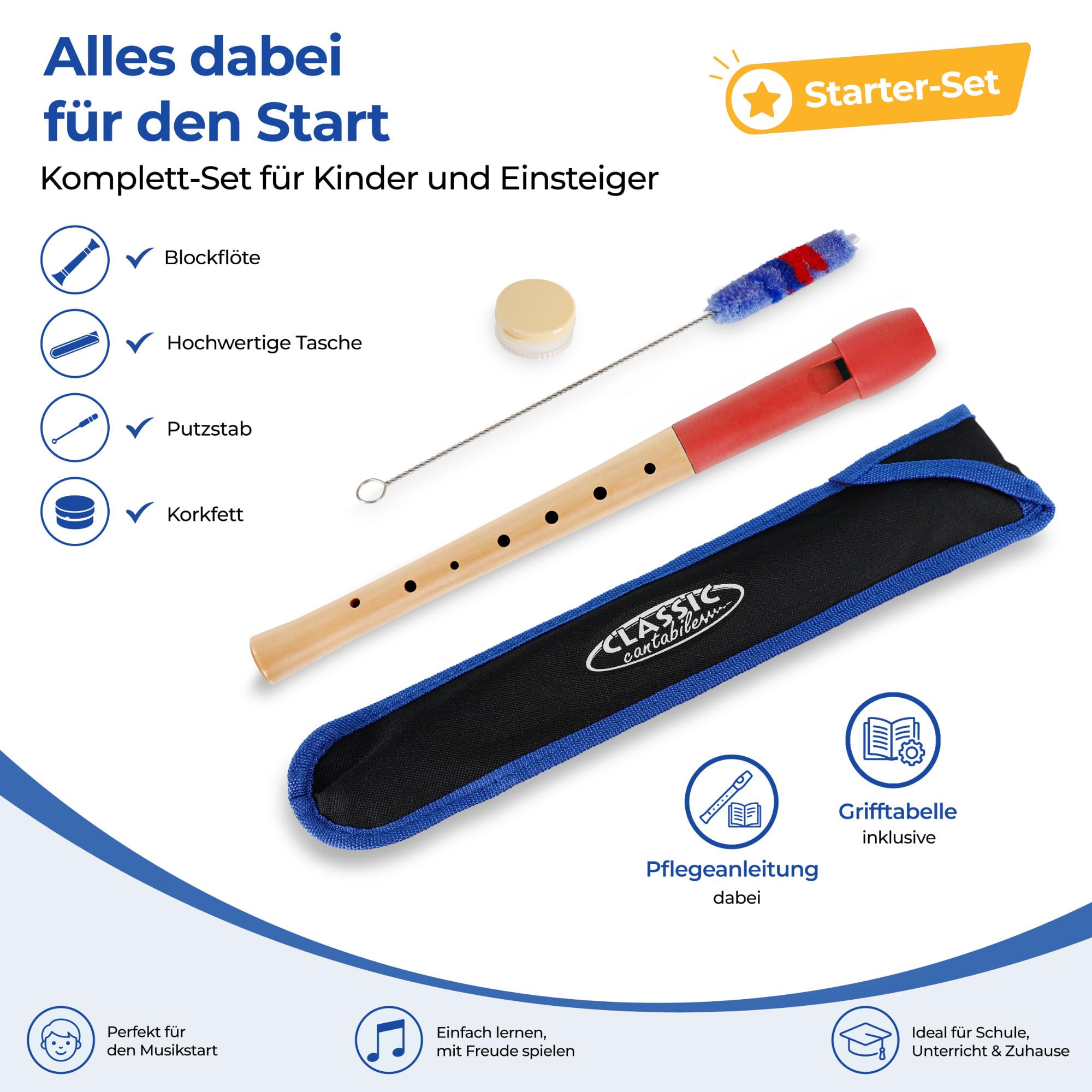 Classic Cantabile Pivella Flauta Dulce Roja, digitación alemana Set de 10 | Flautas dulces de 2 piezas, Cabeza de plástico especial rojo, Cuerpo inferior de madera de arce, Afinación: C-Soprano
