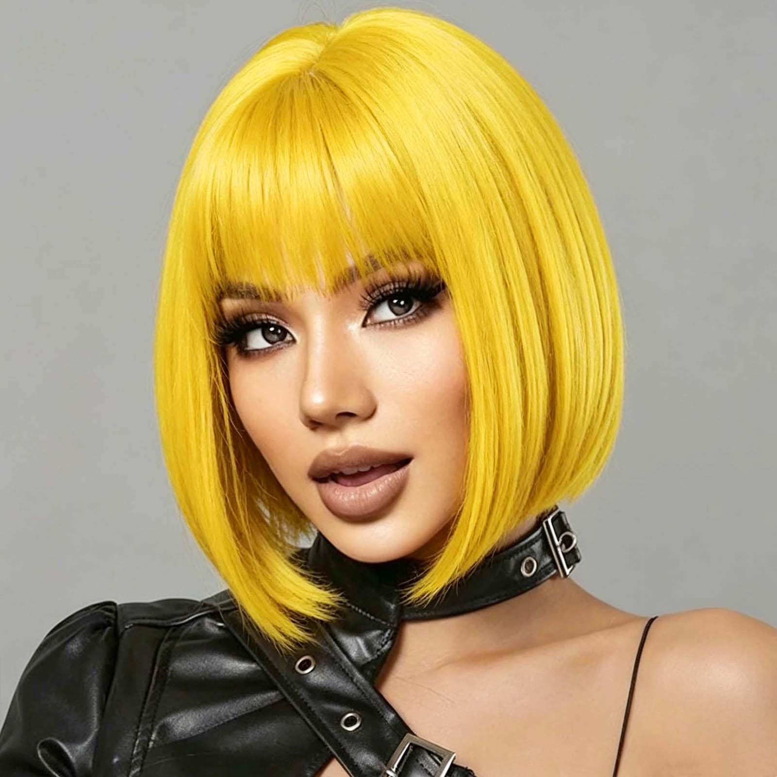 Women Yellow Heat Resistant Synthetic Bob Party Neon Wig Bangs 12 Inch Vibrant Yellow Bob Wig With Bangs: Heat-resistant Synthetic  main image 2