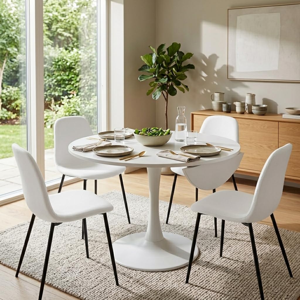 Tavolo da pranzo allungabile, 100/140 x 100 x 75 cm, bianco, rotondo, da cucina, da giardino, per piccoli appartamenti o ambienti multifunzione