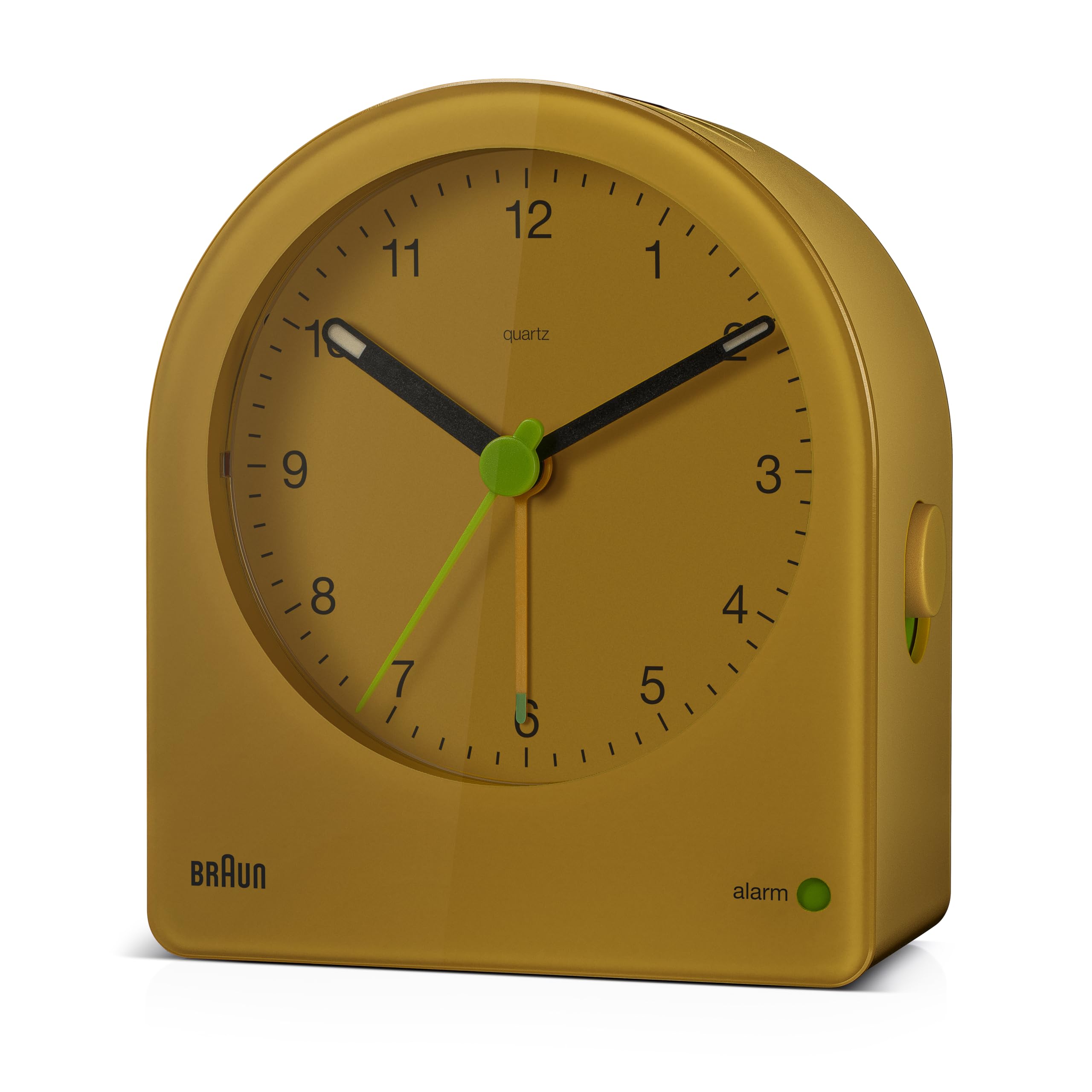 Braun Klassischer analoger Wecker mit Schlummerfunktion und kontinuierlicher Hintergrundbeleuchtung,leisem Quarzwerk, anschwellendem Alarm-Piepton in Gelb, Modell BC22Y