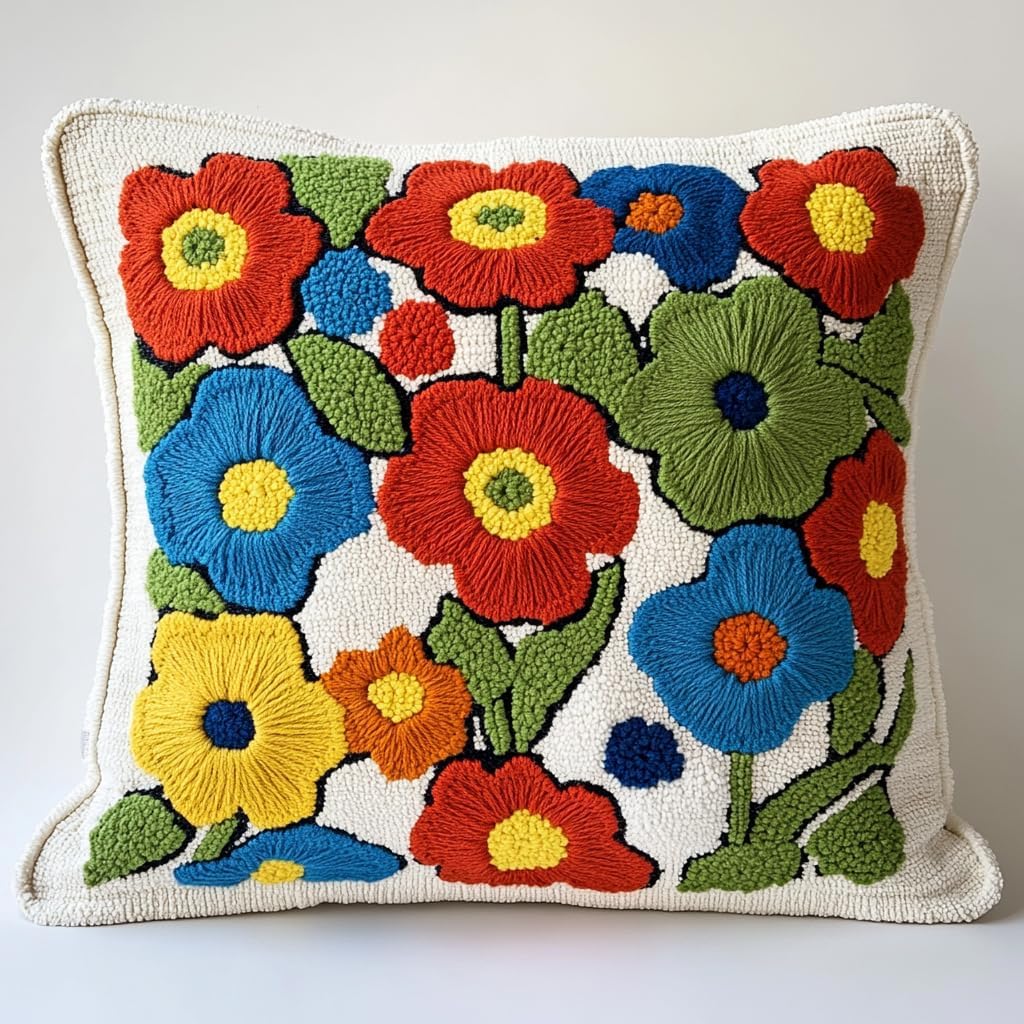 DIY Punch Needle Pillow Kit Mandala Flowers Color with Pattern and Hoop Handmade Embroidery Punch Needle Starter Pillowcase Set for Home Sofa Decor 43x43cm-1-1
