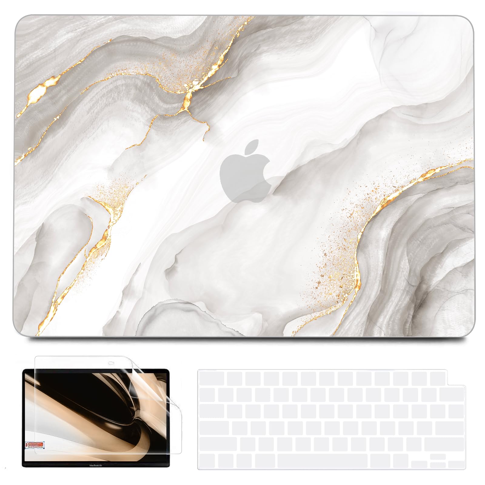 Photo 1 of B BELK Compatible with MacBook Air 13 inch Case 2021 2020 2019 2018 M1 A2337 A2179 A1932 Touch ID, Plastic Hard Shell+2 Keyboard Cover+Screen Protector for MacBook Air 13.3 inch Case, White Marble