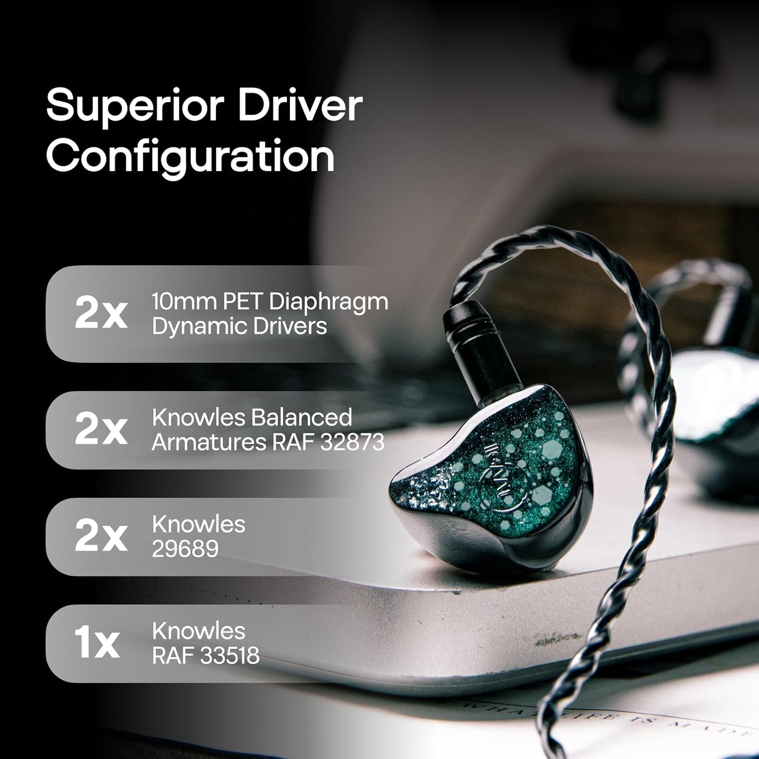 Linsoul ZiiGaat Arcanis in Ear Monitor, Professional 2DD+5BA Hybrid IEM Earphone + Tripowin Zonie IEM Cable, 16 Core Silver Plated Earphone Upgraded Cords(2pin 0.78mm, 3.5mm)(Moss)