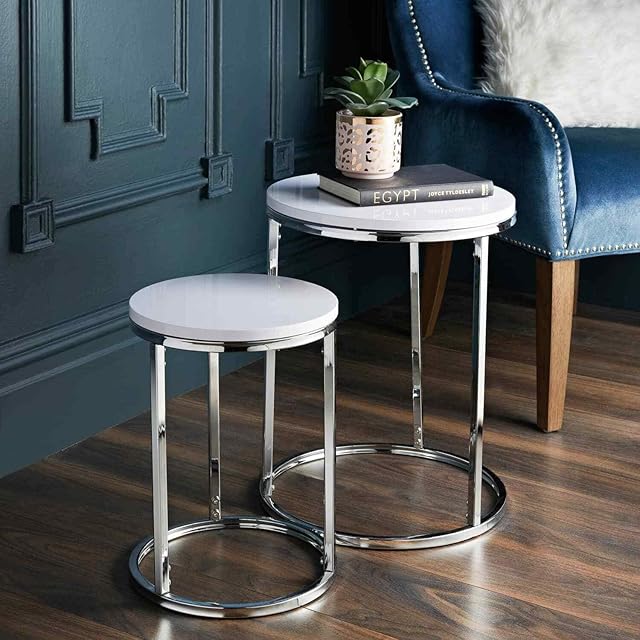 spot on dealz® Nest of 2 round chrome tables metal frame with white wooden Top effect side end modern console nesting bedside table living room furniture