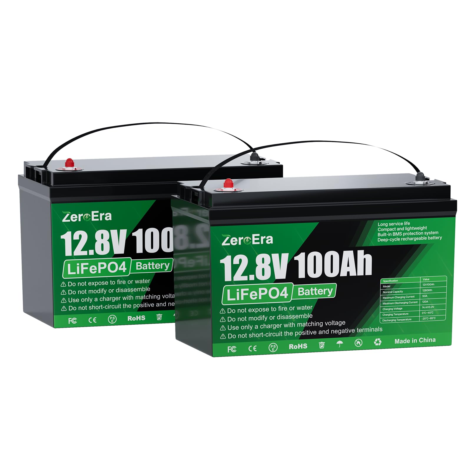 ZeroEra Bateria LiFePO4 12V 100Ah, Bateria Litowa 1280Wh Zzabezpieczeniem Przed Niską Temperaturą 100A BMS, Głęboki Cykl 10000-15000, Obsługuje Przełączanie Szeregowe/Równoległe(2*sztuk 100AH)