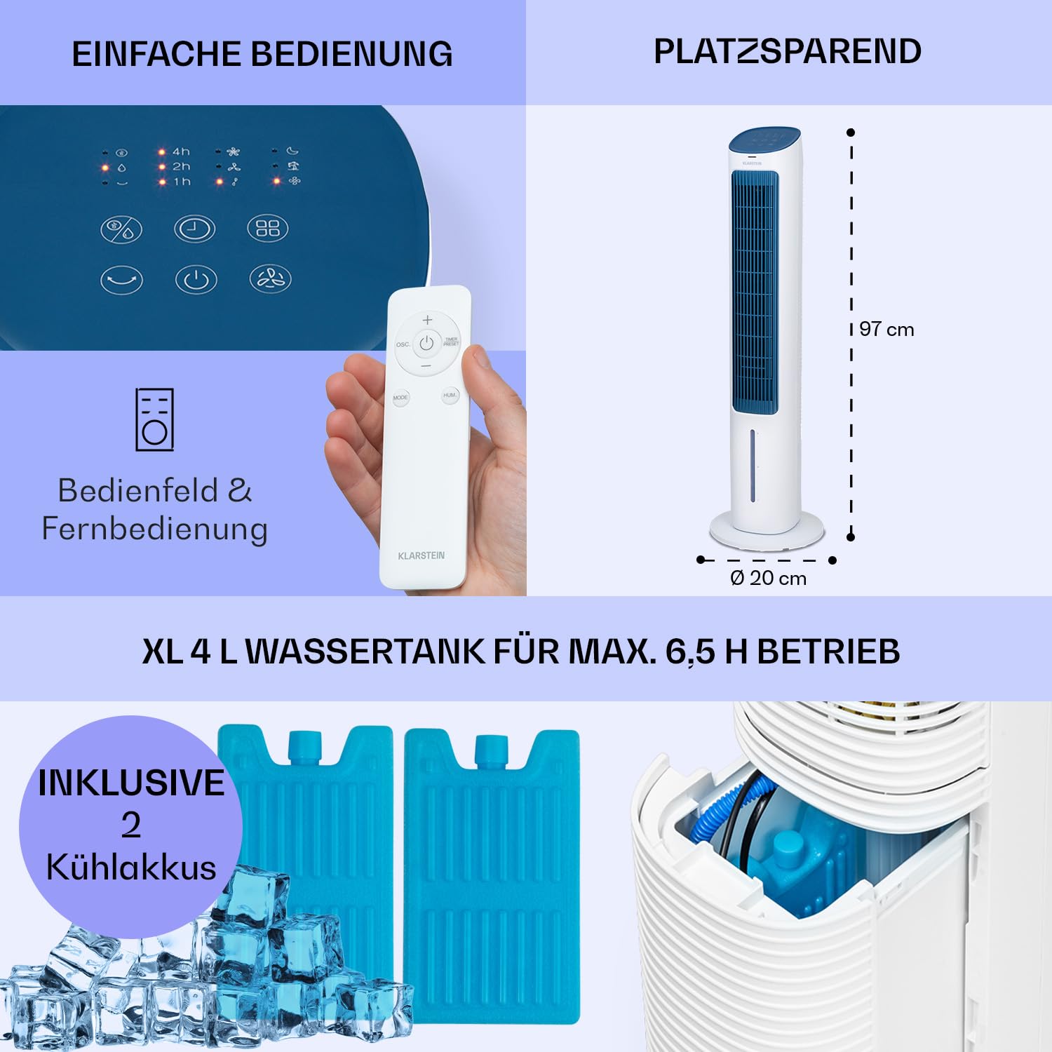 Klarstein Klimagerät Mobil, 5-in-1 Mobiler Luftkühler mit Nachtmodus, Ventilator Leise, Luftbefeuchter & Luftreiniger, Mobiles Klimagerät ohne Abluftschlauch, Turmventilator 360 m³/h, 50 Watt, Weiß