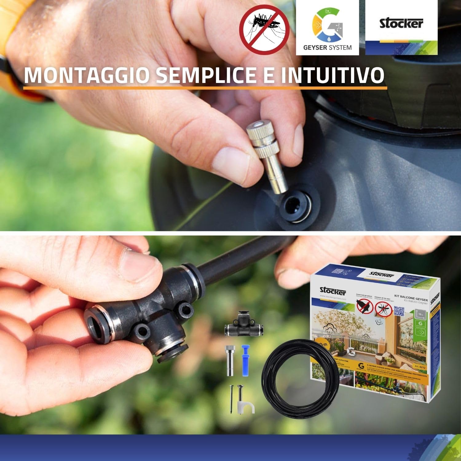 STOCKER - Geyser Nebulizzatore 2 L Li-Ion - Kit Completo Anti-Zanzare con Batteria Li-Ion 3,6 V, Serbatoio 2 L e 10 m di Tubo - Copertura Perimetrale fino a 10 mq
