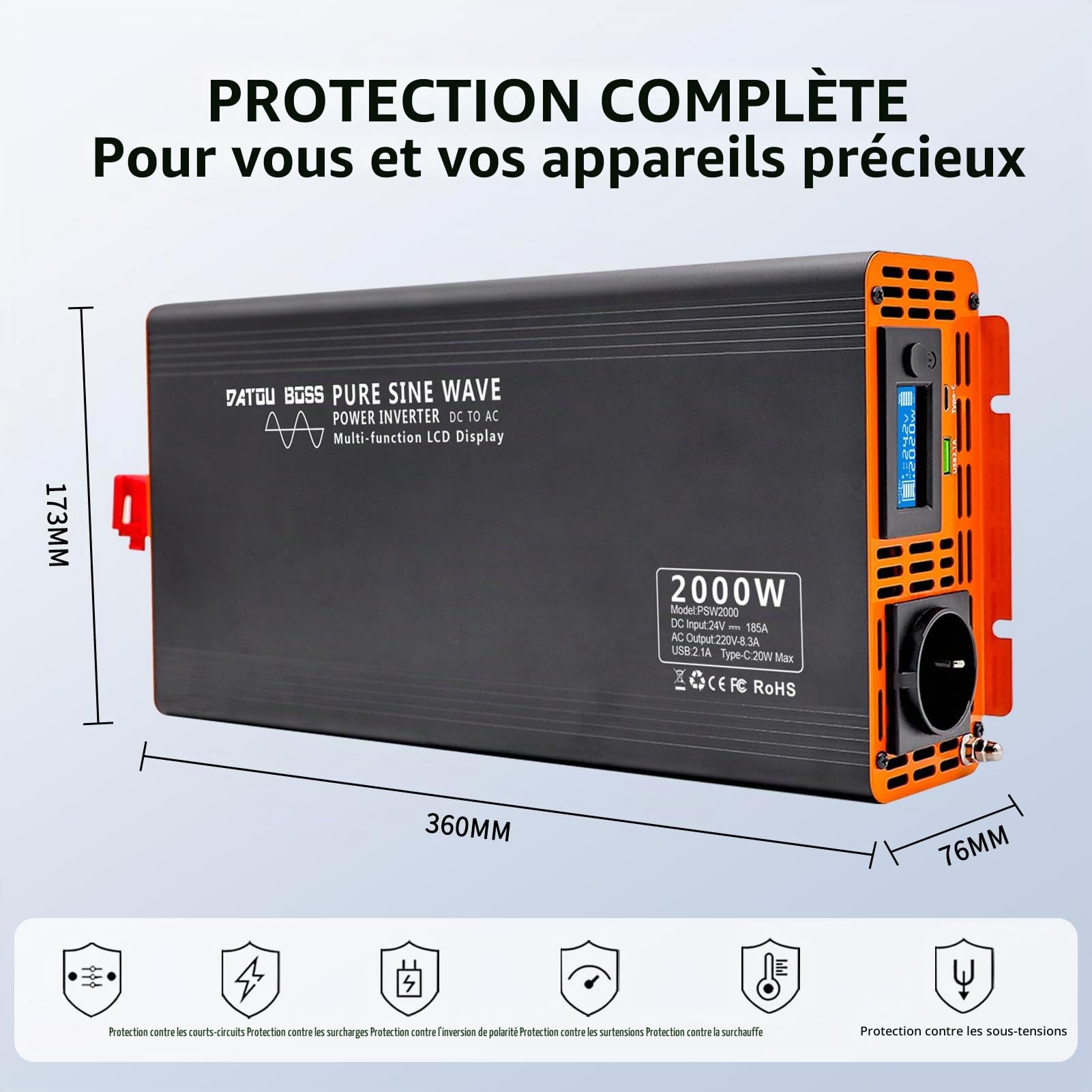 DATOUBOSS Convertisseur 24v 220v 230v Pur Sinus 2000W/4000W Onduleur, Transformateur 24V 220V Voiture Convertisseur de Tension avec écran LCD, Inverter pour RV Voiture, Caravane, Bateau, Camping