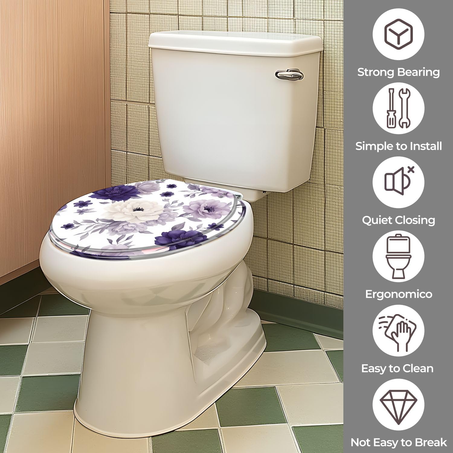 Asiento de inodoro redondo de resina con cierre suave para baño.