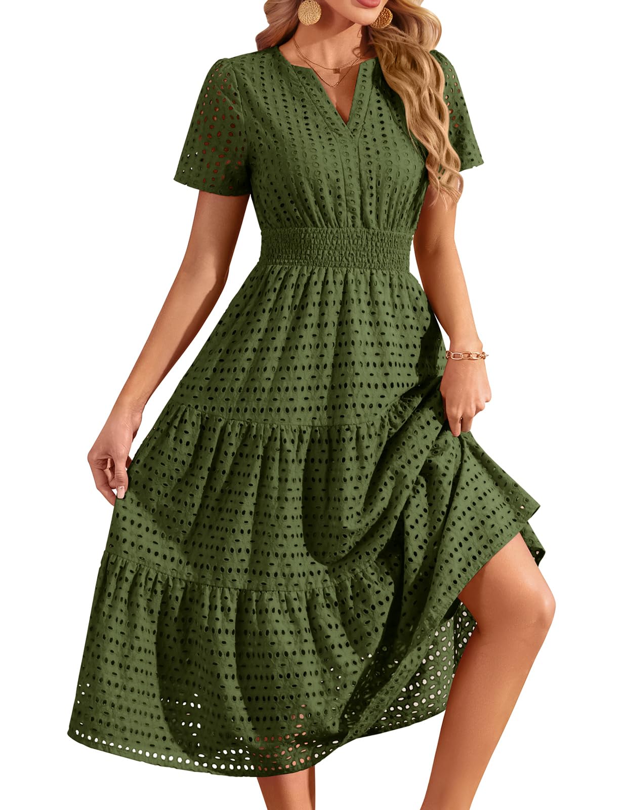 PASUDA Vestiti Donna Estivi Lunghi Elegante Vestito Cotone Scollo a V Maniche Corte Abiti a Tinta Unita Casual Lungo Abito Mare da Spiaggia con Tasche Vita Elastica A Linea