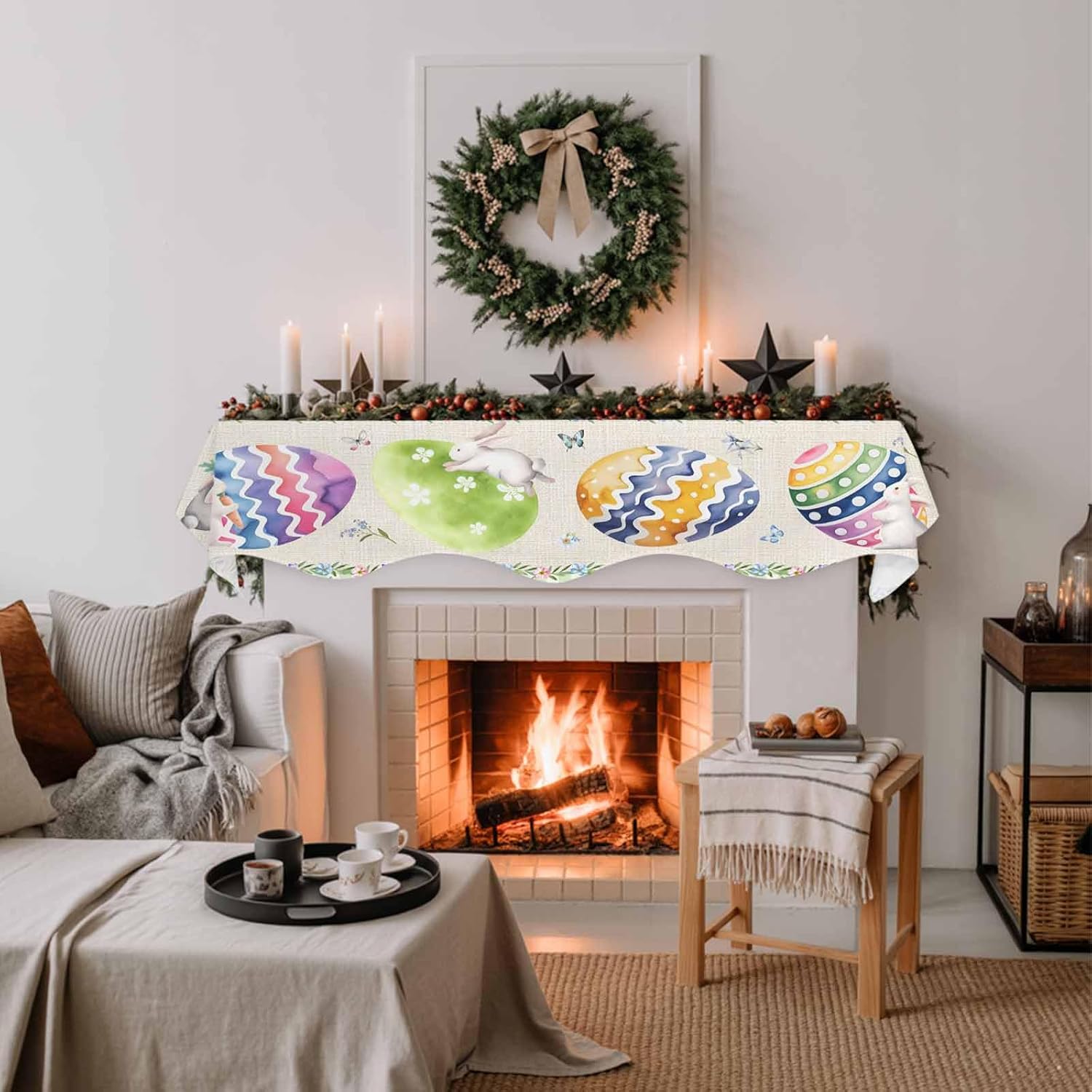 T&H XHome Mantel Scarf - Modern Fireplace Table Runner Easter Colorful Eggs Rabbits Green Plaid Retro Texture Tabletop Scarf for Fireplace Top Runner Window Protector Decor 60"x17"