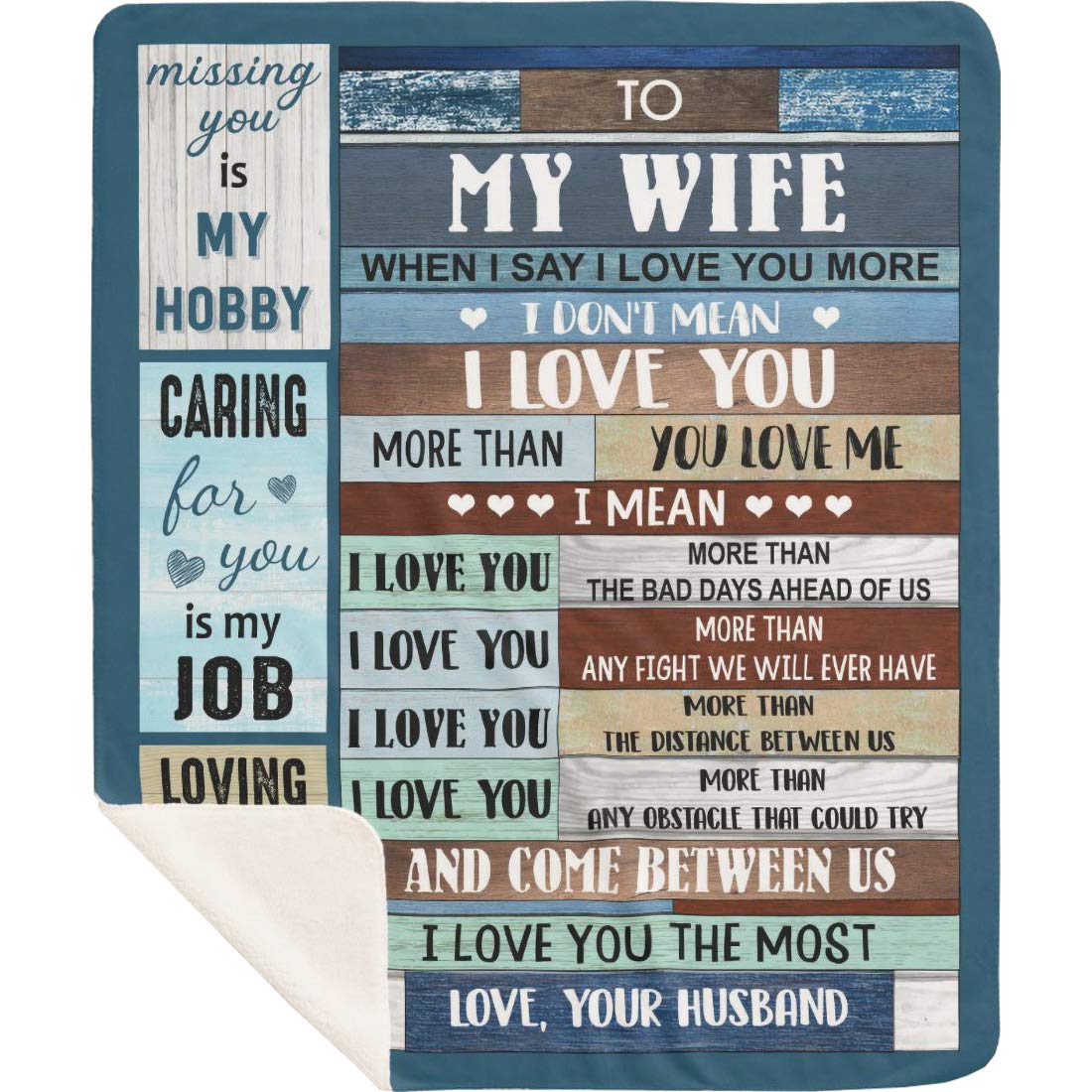 Personalized to My Beautiful Daughter Son Granddaughter Grandson Blanket, I Love You to The Moon & Back Wooden Pattern Blanket, Best Gift for Daughter Son from Dad Mom (to Wife, Sherpa)