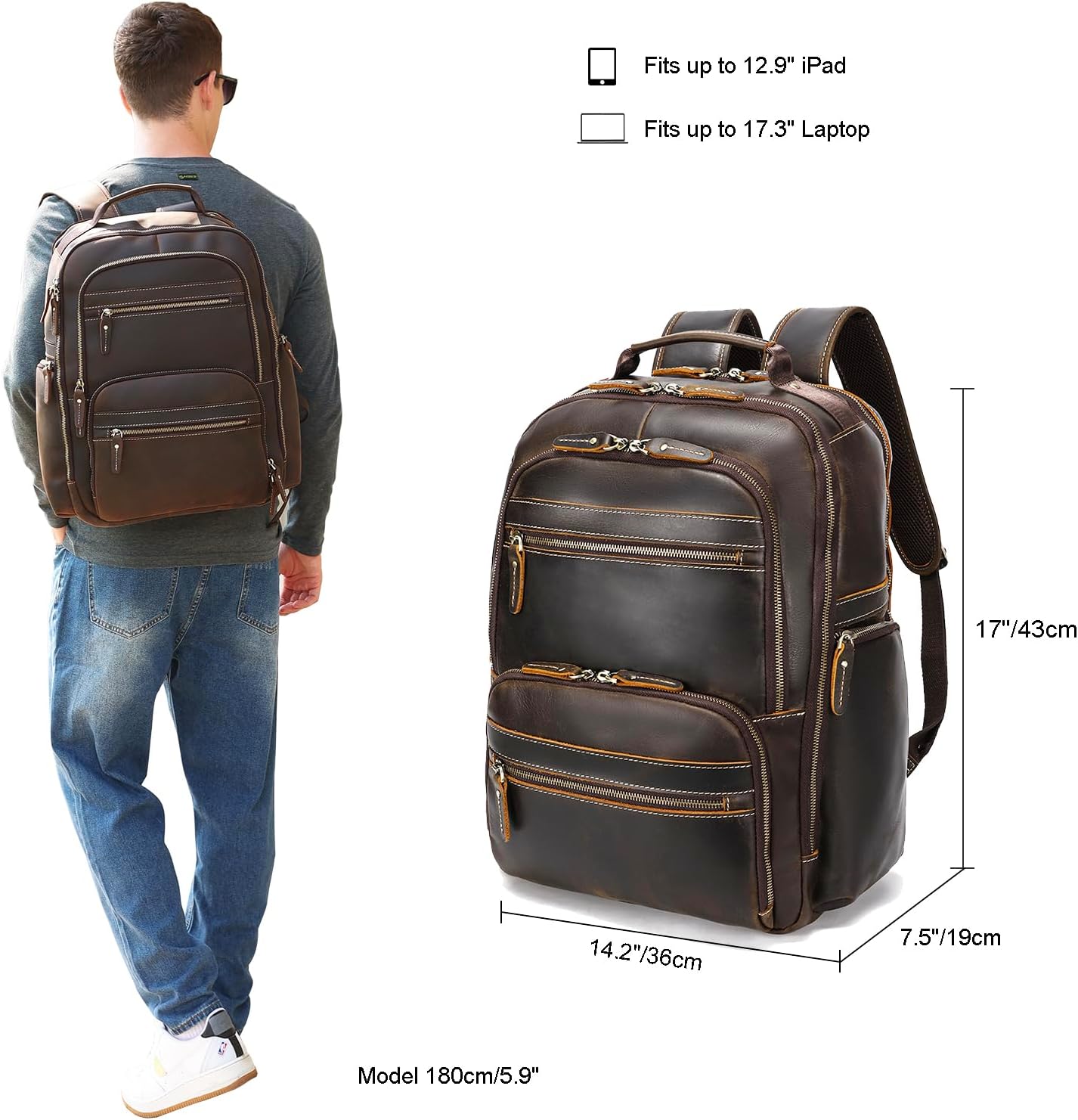 LANNSYNE Vintage Mens Full Grain Leather Backpack Fits 17.3 Inch Laptop, Large Casual Rucksack Shoulder Bag For Travel/Camping/Hiking-Brown - Image 2