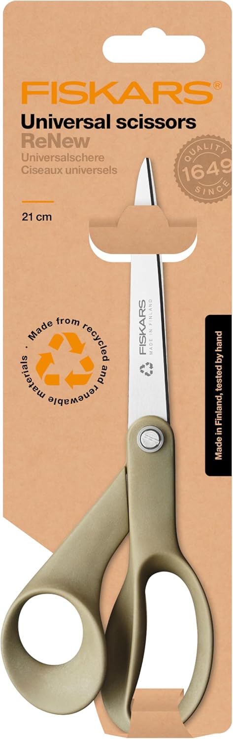 Fiskars Recycled Universal Scissors, Functional Form, 100 Percent Recyclable Materials, Total Length: 21 cm, Recycled Stainless Steel/Plastic, Grey, 1058094